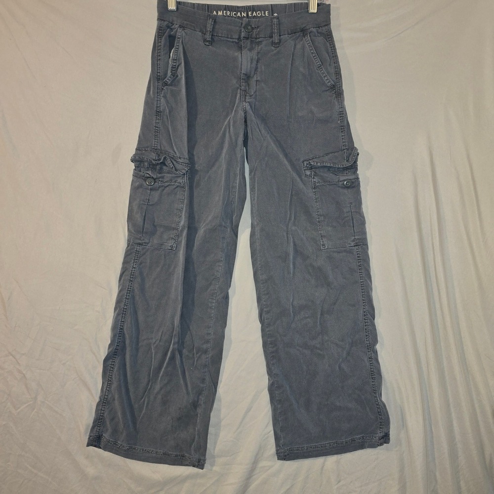 American Eagle Cargo Pants 0 Women Grey Wide Leg Utility Elastic Back Mid Rise